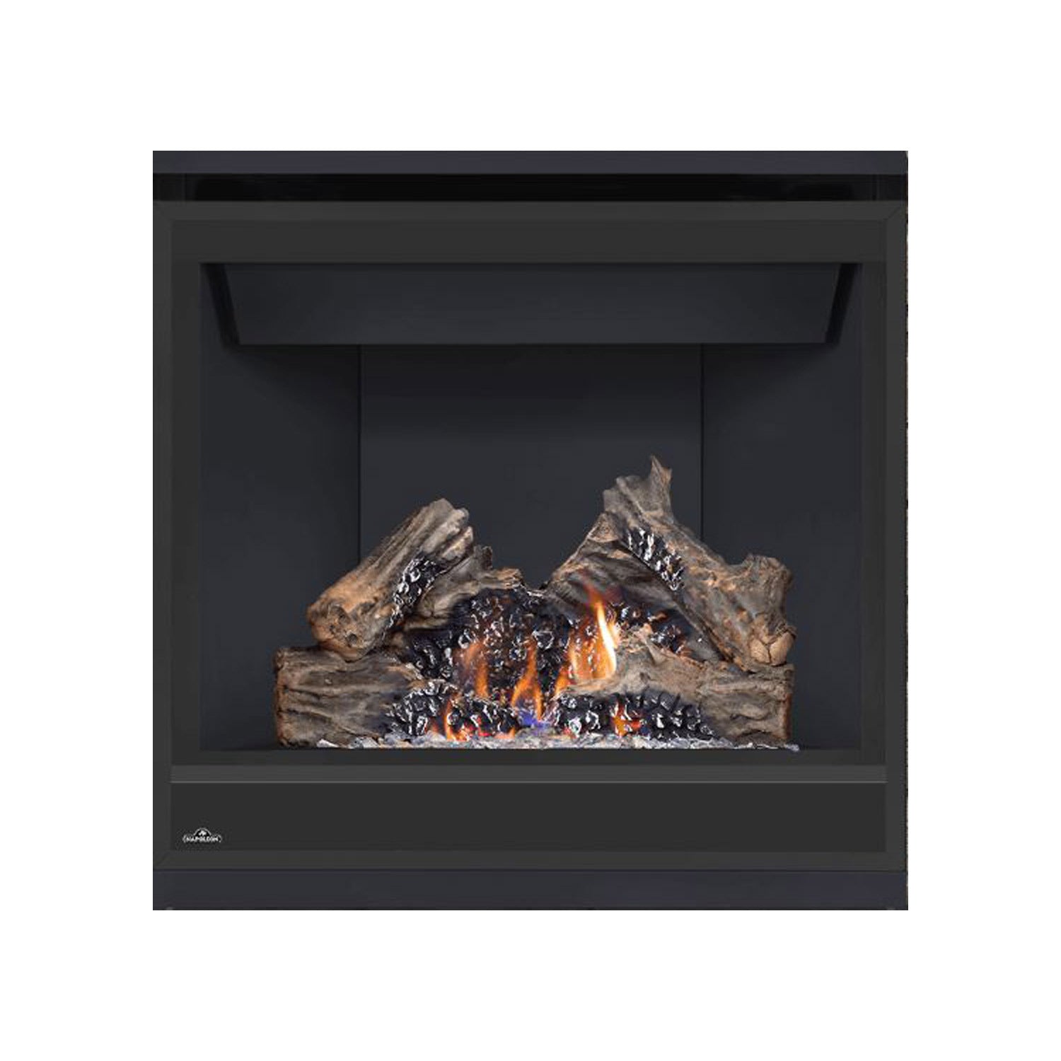 Gas fireplace insert with dark firebox and glowing log set, black surround.
