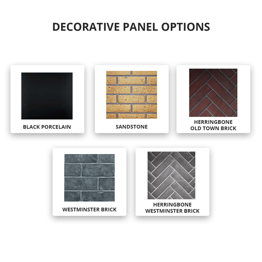 Decorative panel swatch cards showing brick and stone textures for gas fireplace.
