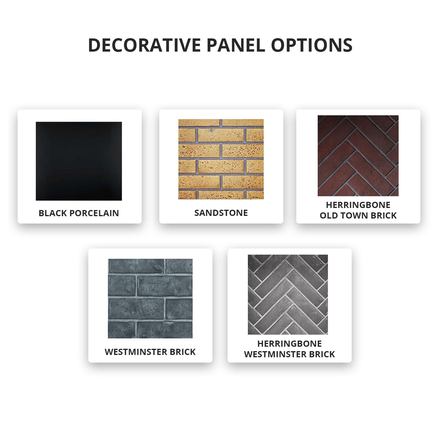 Decorative panel swatch cards showing brick and stone textures for gas fireplace.