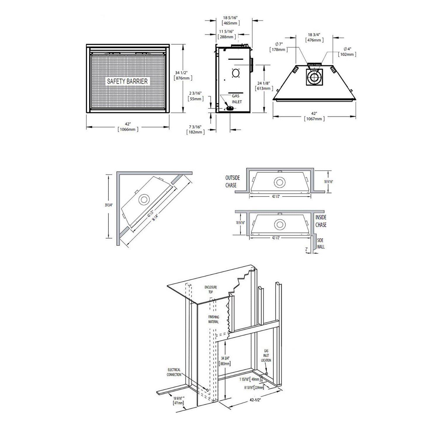 Gas fireplace safety barrier dimension diagram with labeled measurements and installation views