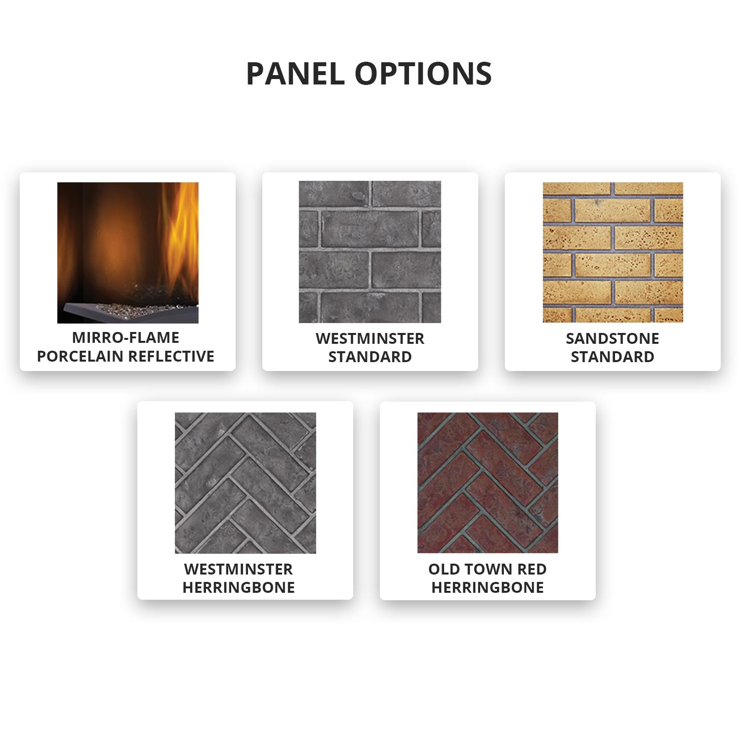 Gas fireplace panel option tiles: Miro-flame, Westminster, Sandstone, and brick textures