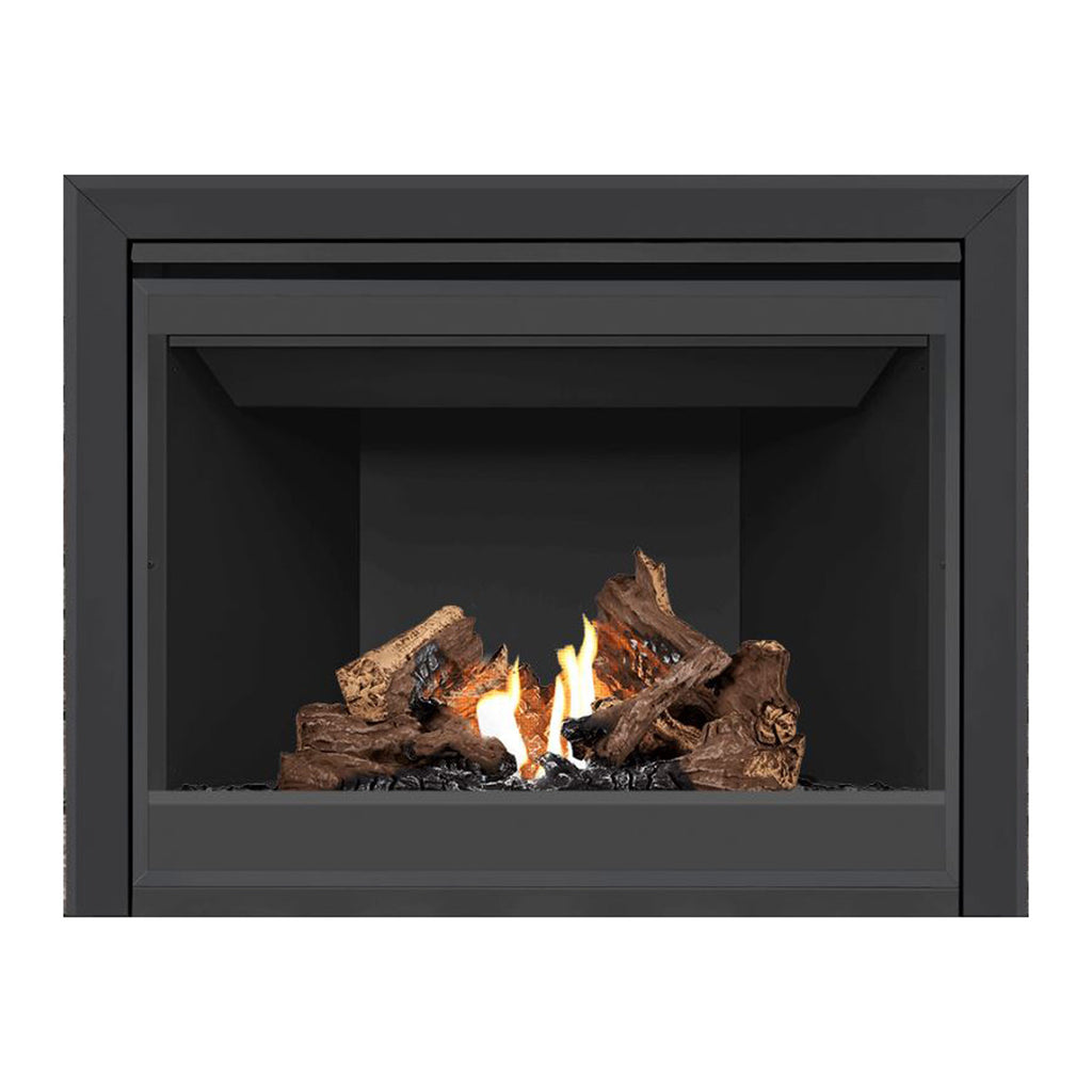 Direct vent gas fireplace with glowing flames and dark interior back panel
