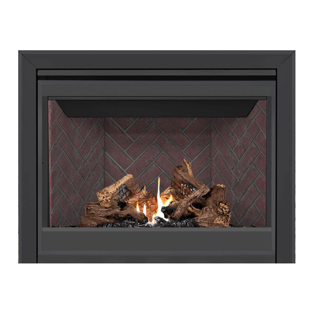 Direct vent gas fireplace with dark face, red brick interior, burning logs and flames.