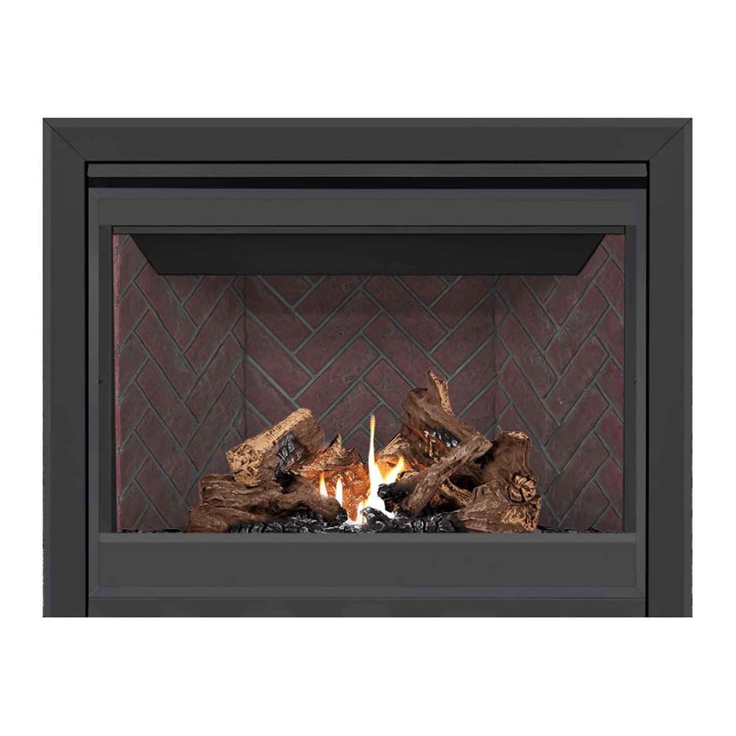 Direct vent gas fireplace with dark face, red brick interior, burning logs and flames.