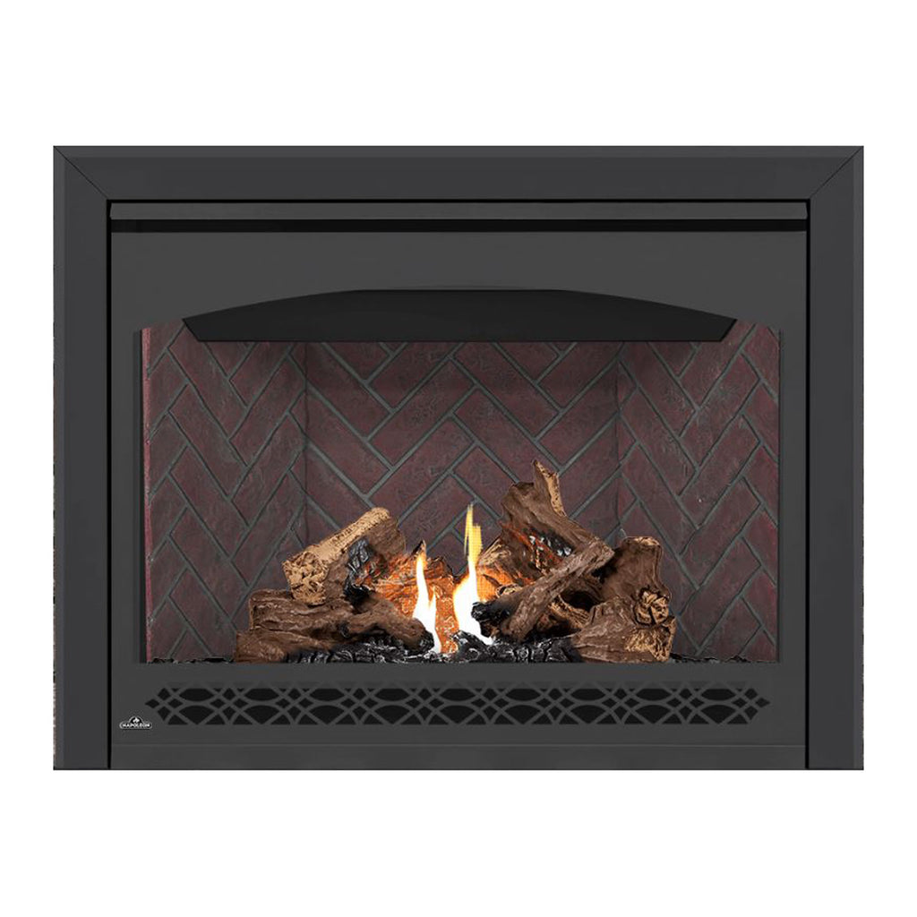 Gas fireplace with black frame, glass front, burning logs, and red brick back panel