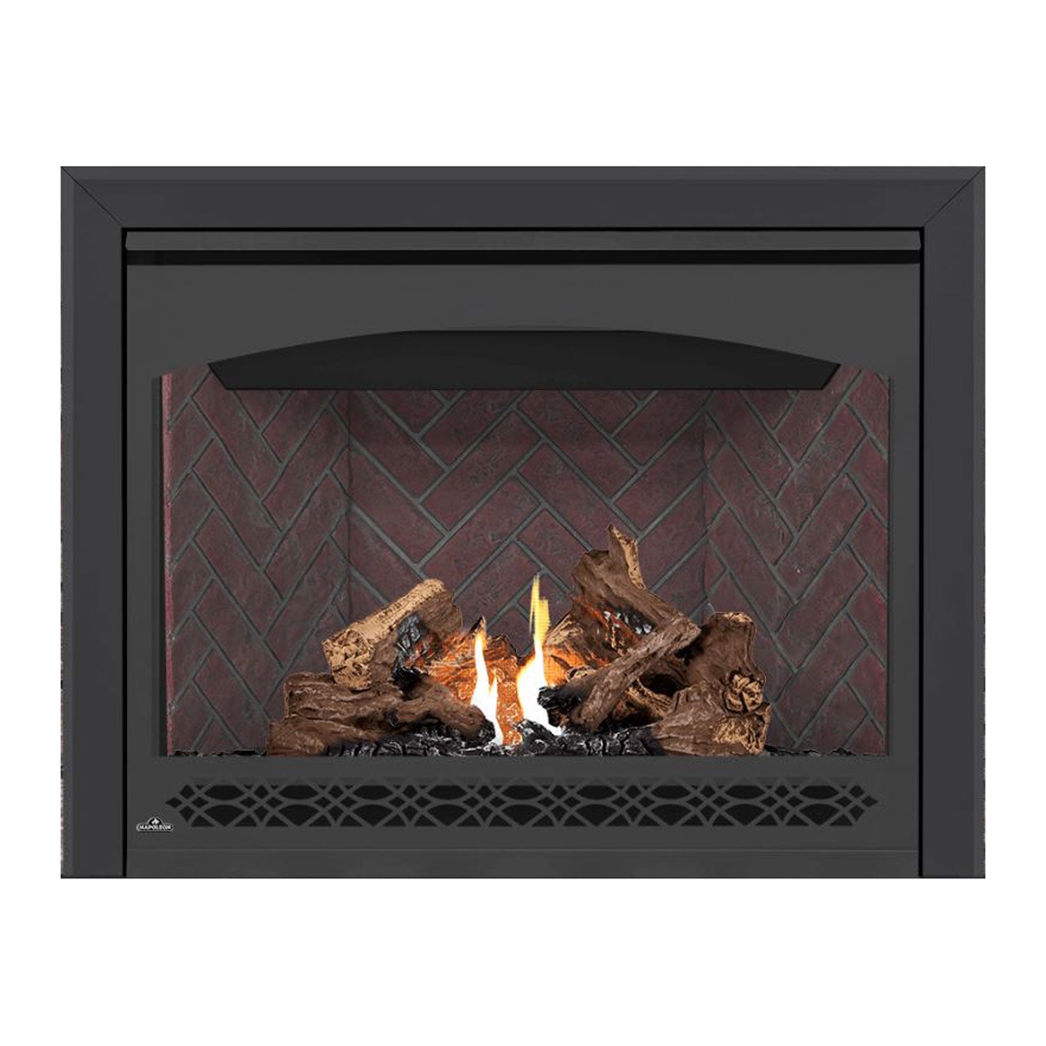 Charcoal direct vent gas fireplace with red brick back, burning logs behind the glass opening