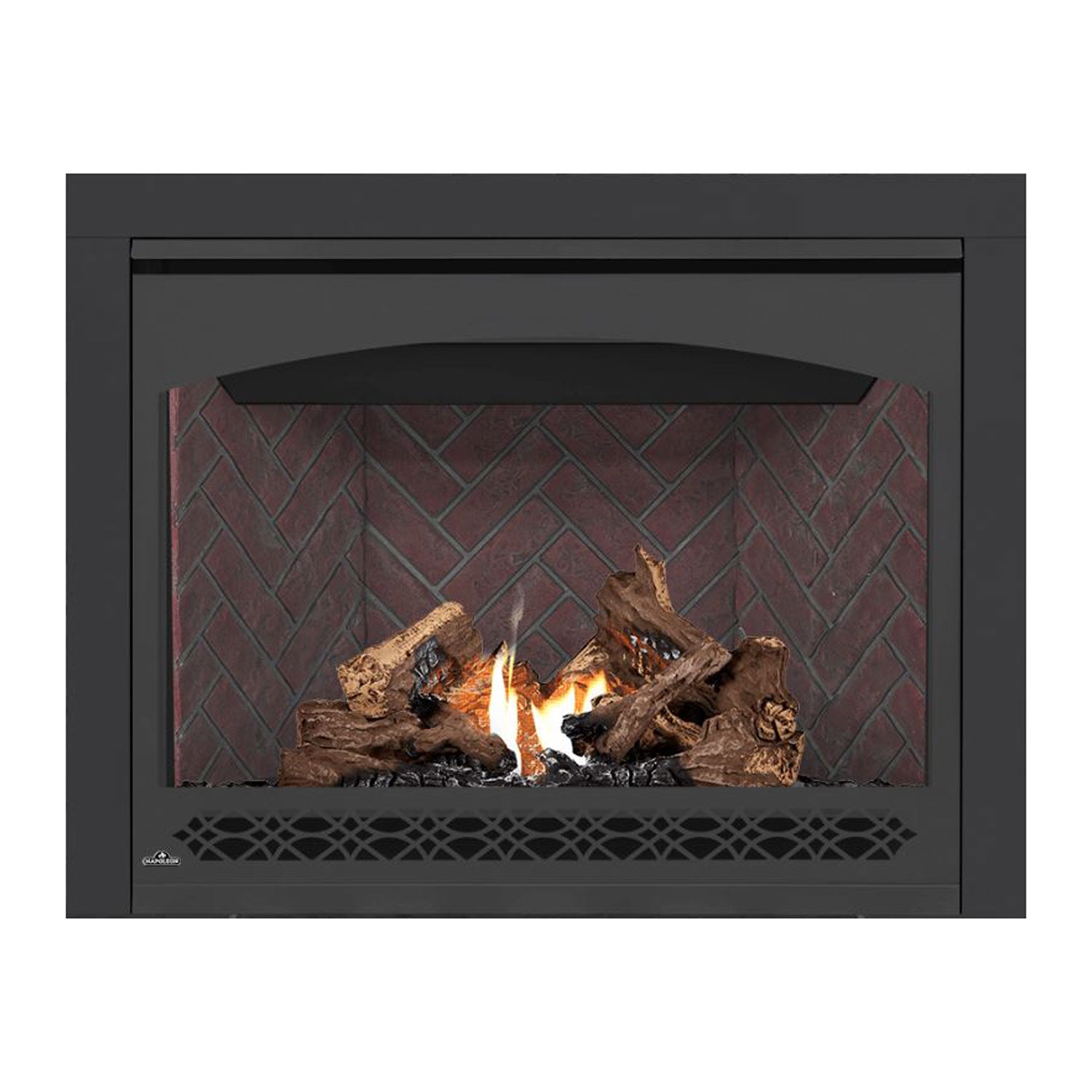 Direct vent gas fireplace with dark frame and burning logs against red brick back