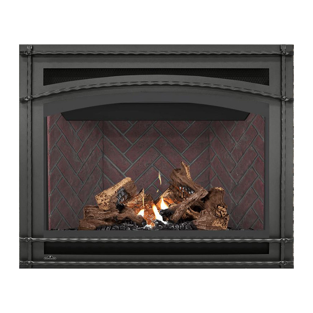 Direct vent gas fireplace with black frame, burning logs and orange flames on red brick wall