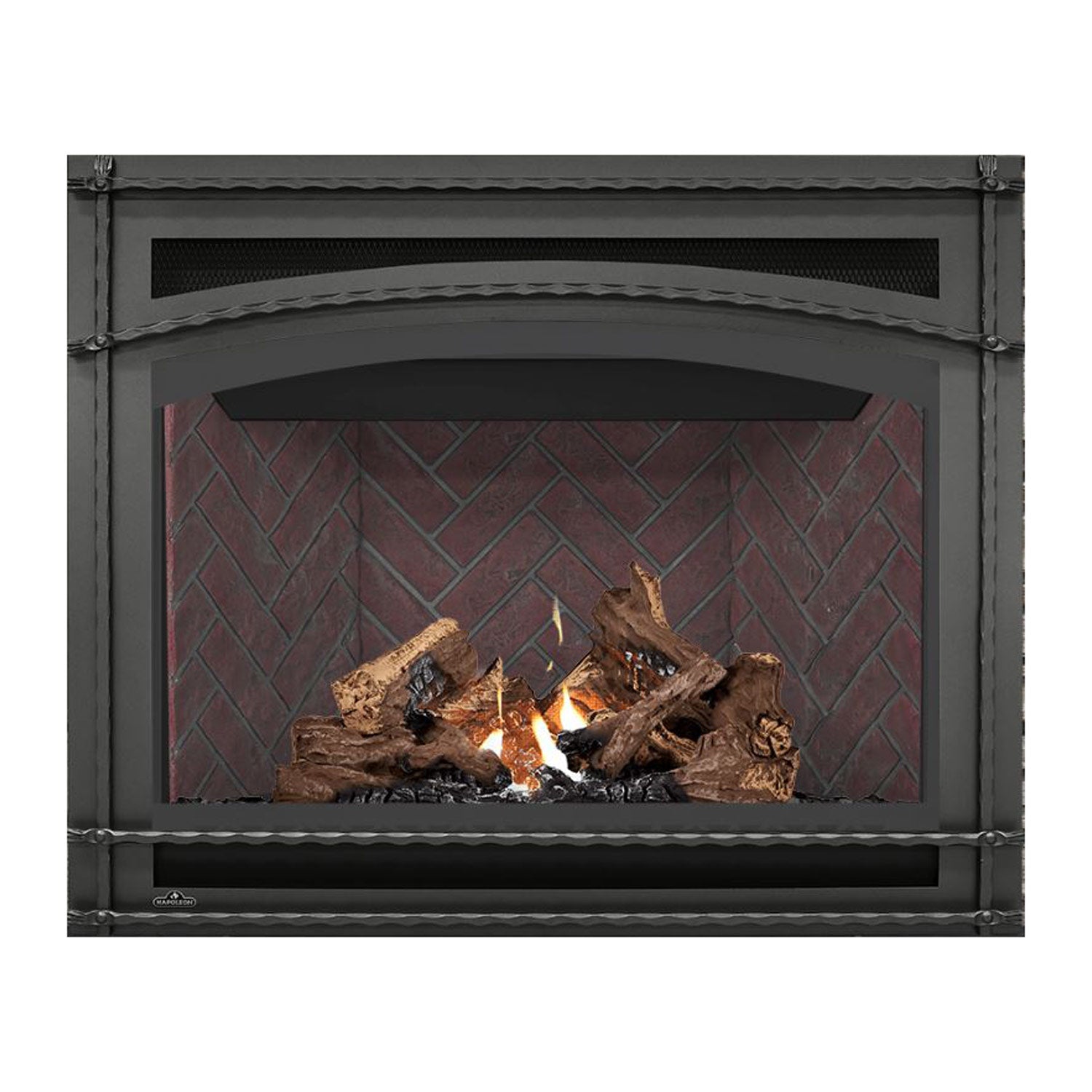 Direct vent gas fireplace with black frame, burning logs and orange flames on red brick wall