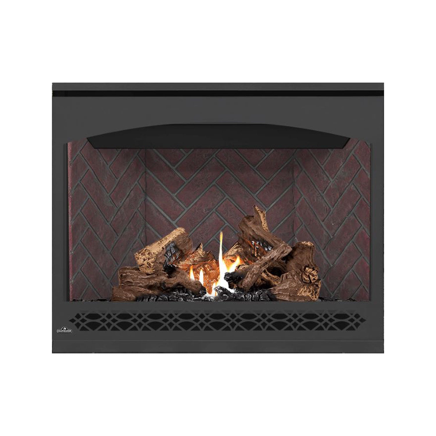 Direct vent gas fireplace with dark face, red brick interior and mesh grate, burning logs.