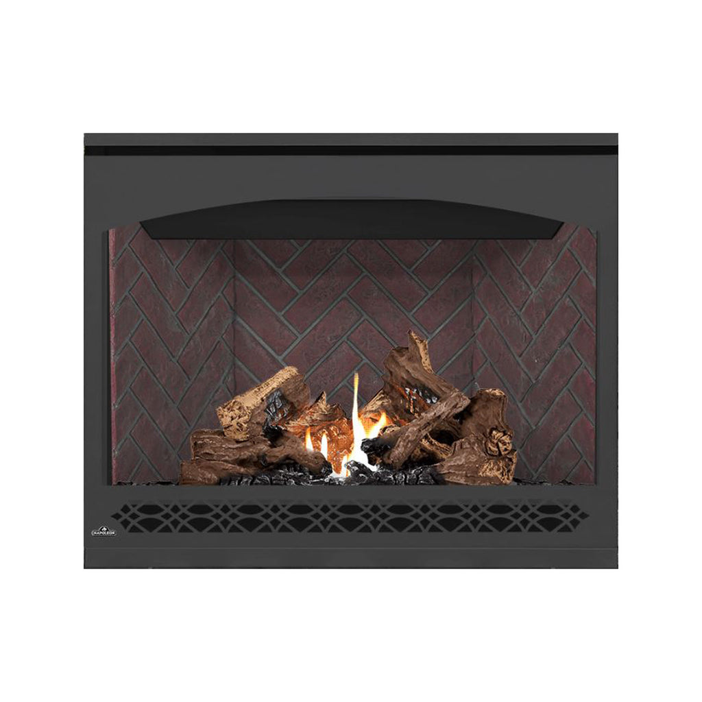 Dark direct vent gas fireplace with glass viewing window, burning logs and red brick back