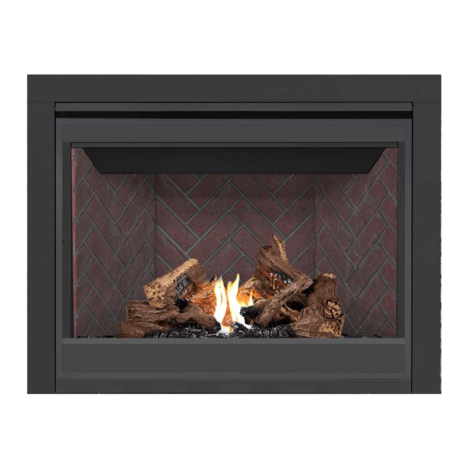 Direct vent gas fireplace with red brick back panel, dark surround, burning logs and flames