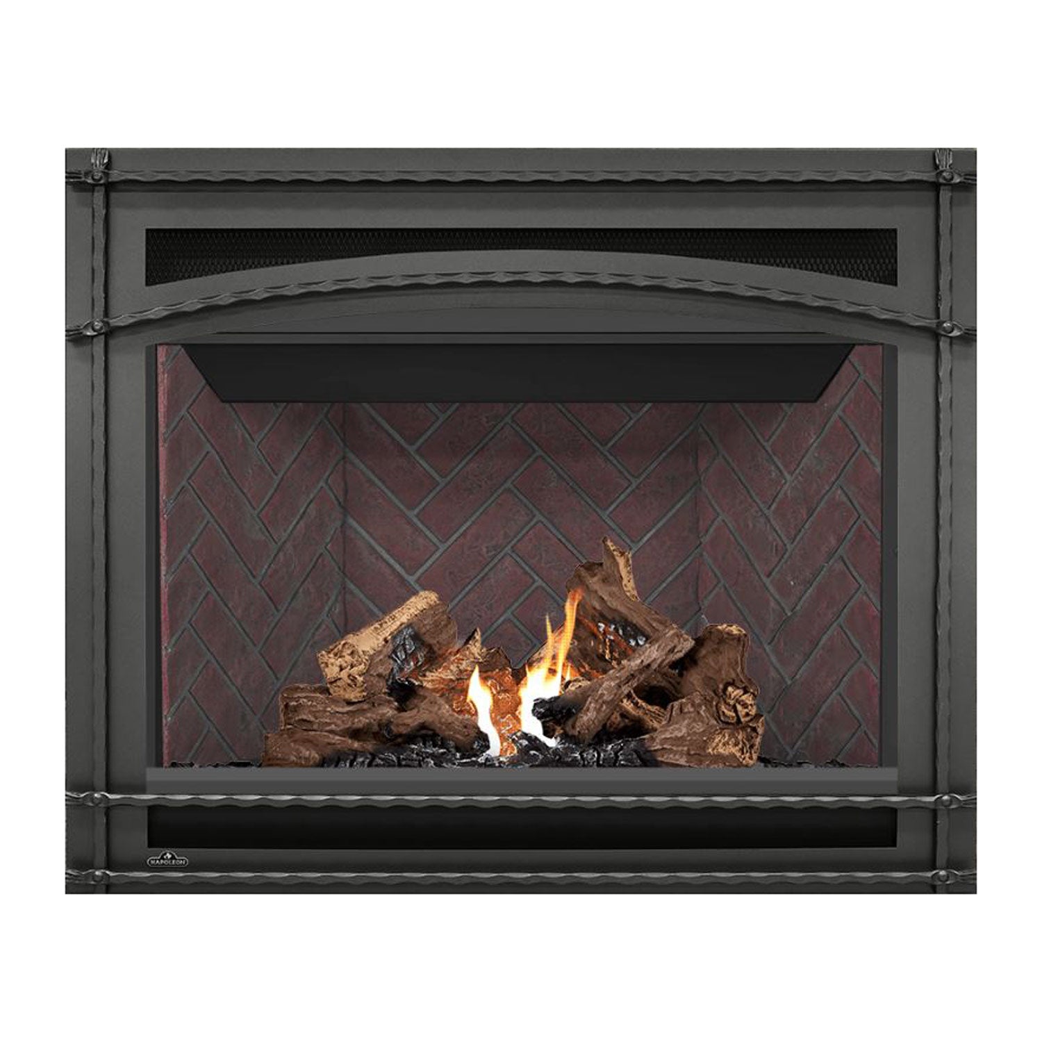 Direct vent gas fireplace with glowing flames and red brick back panel