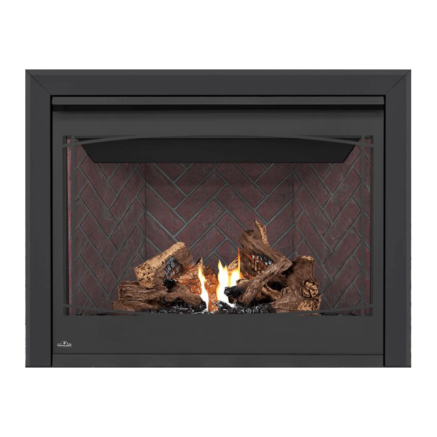 Direct-vent gas fireplace showing burning logs and flames behind brick-pattern firebox glass.