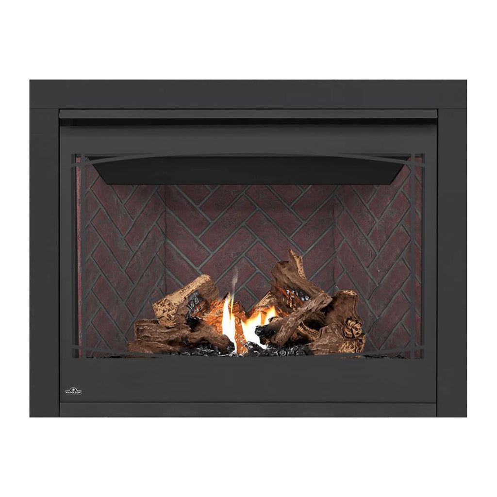 Direct-vent gas fireplace with dark frame and burning log set behind brick-pattern panel.
