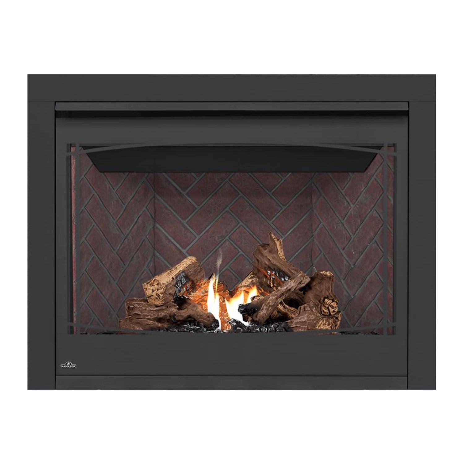 Direct-vent gas fireplace with dark frame and burning log set behind brick-pattern panel.
