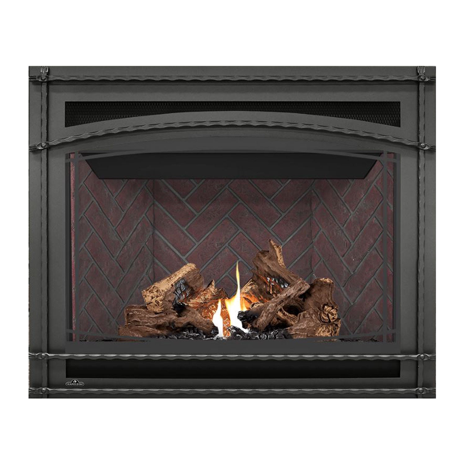 Direct vent gas fireplace with black frame, burning logs and orange flames on red brick wall