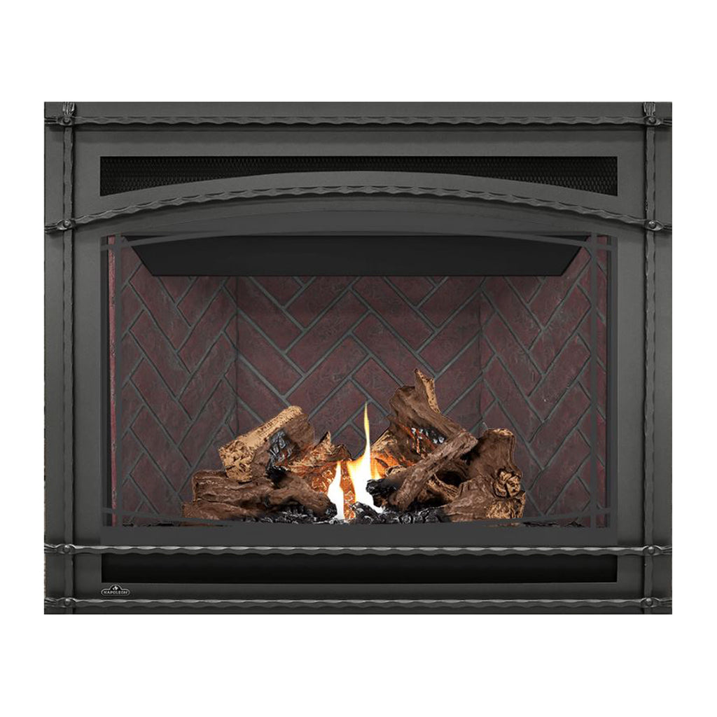 Direct-vent gas fireplace with burning log set centered in brick-pattern firebox.