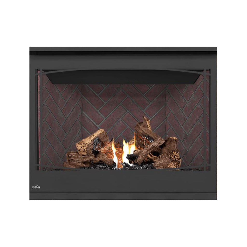 Direct vent gas fireplace with glowing flames and red brick back panel