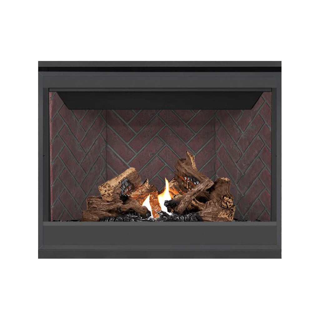 Direct vent gas fireplace with burning logs and flame in red brick surround