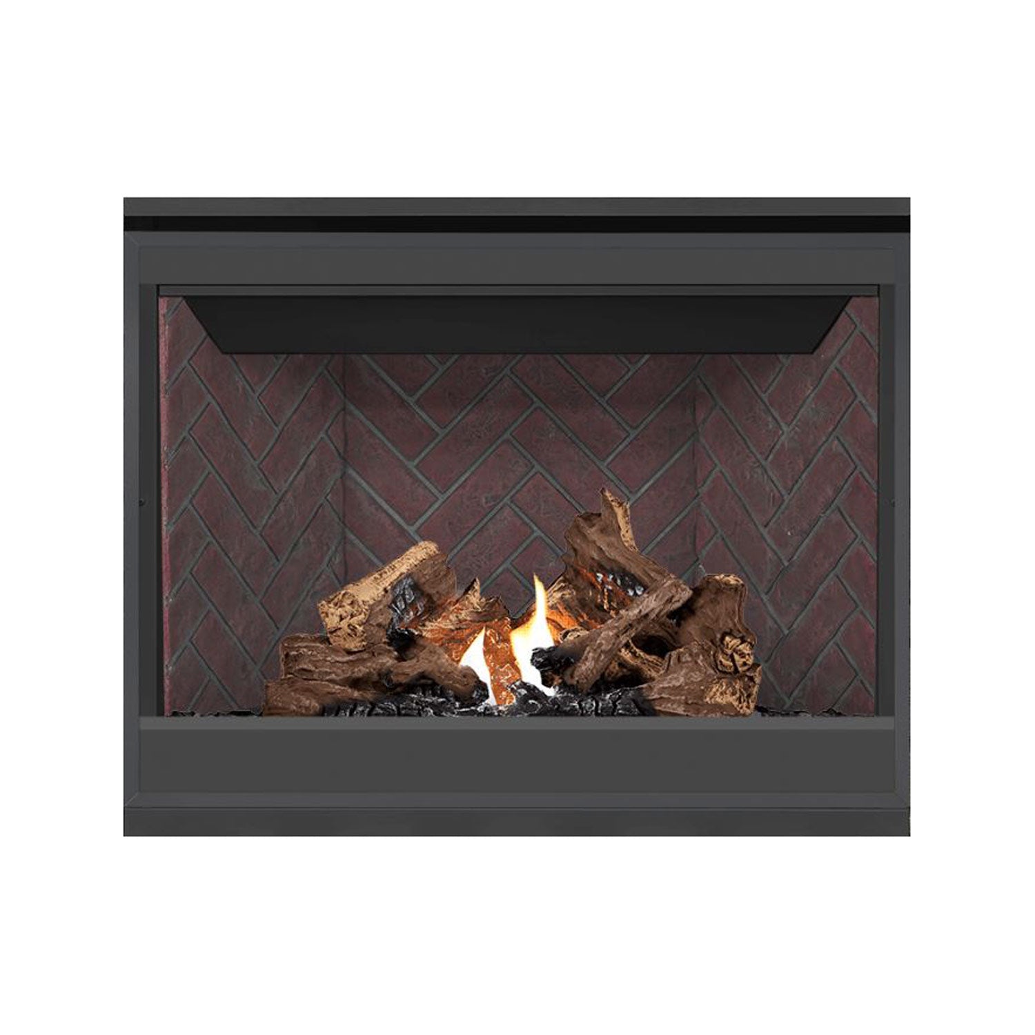 Dark gray direct vent gas fireplace with square glass opening, burning logs and red brick back