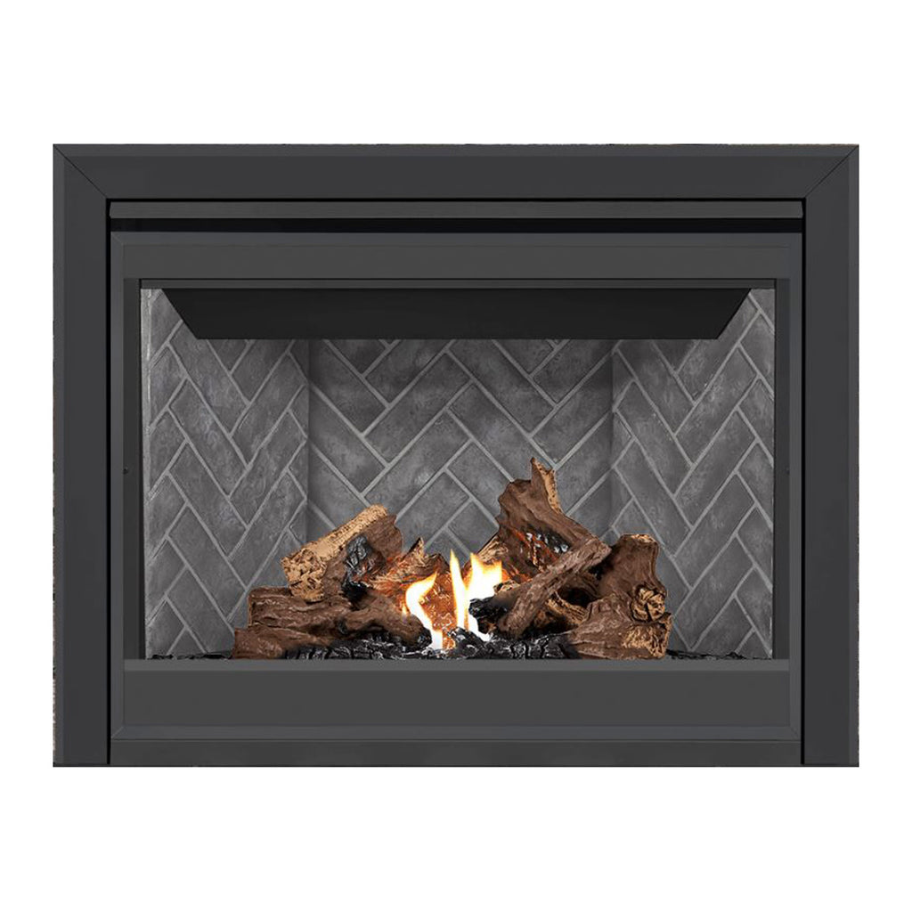 Direct vent gas fireplace with dark face, gray brick interior, burning logs and flames.