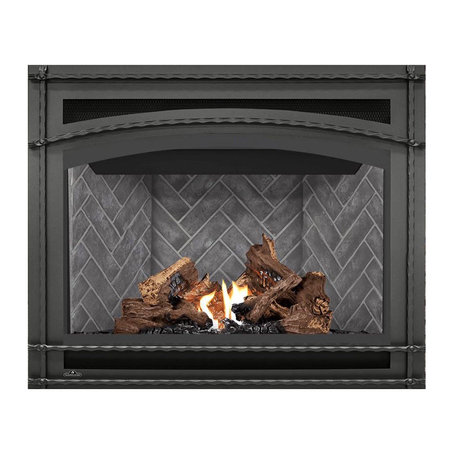 Direct vent gas fireplace with black frame, burning logs and orange flames on gray brick wall