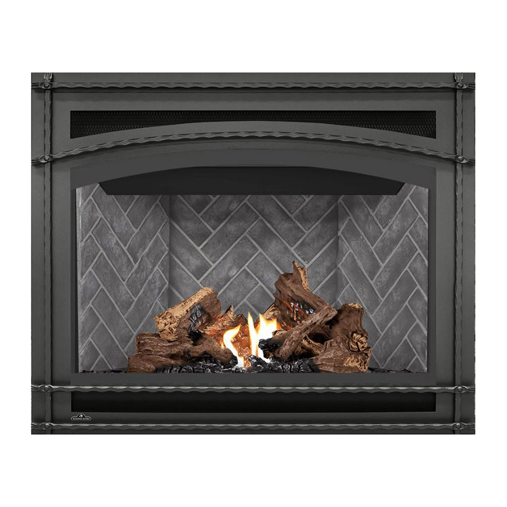 Napoleon direct vent gas fireplace with metal frame, glass viewing area, flames and split logs