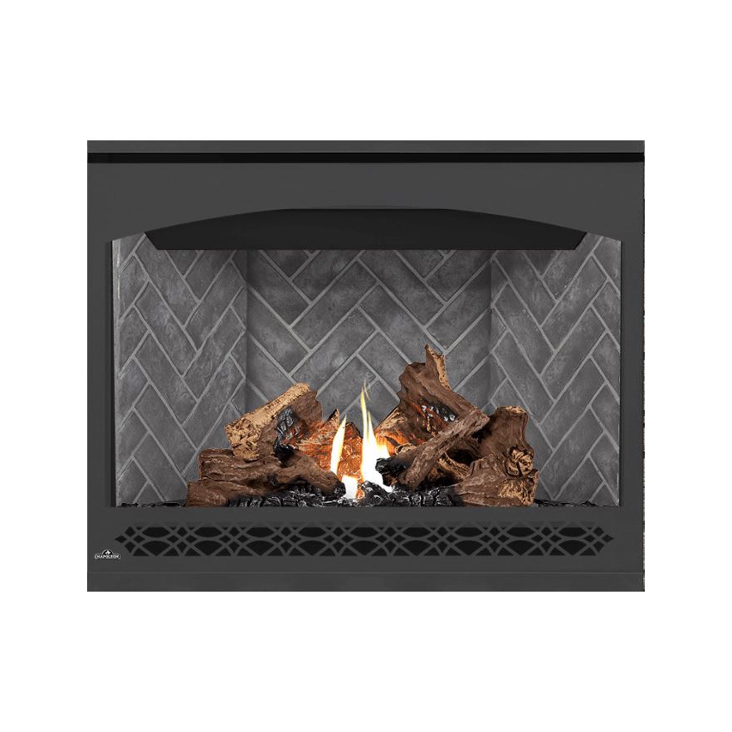 Direct-vent gas fireplace with dark frame and burning logs behind gray brick-pattern panel.