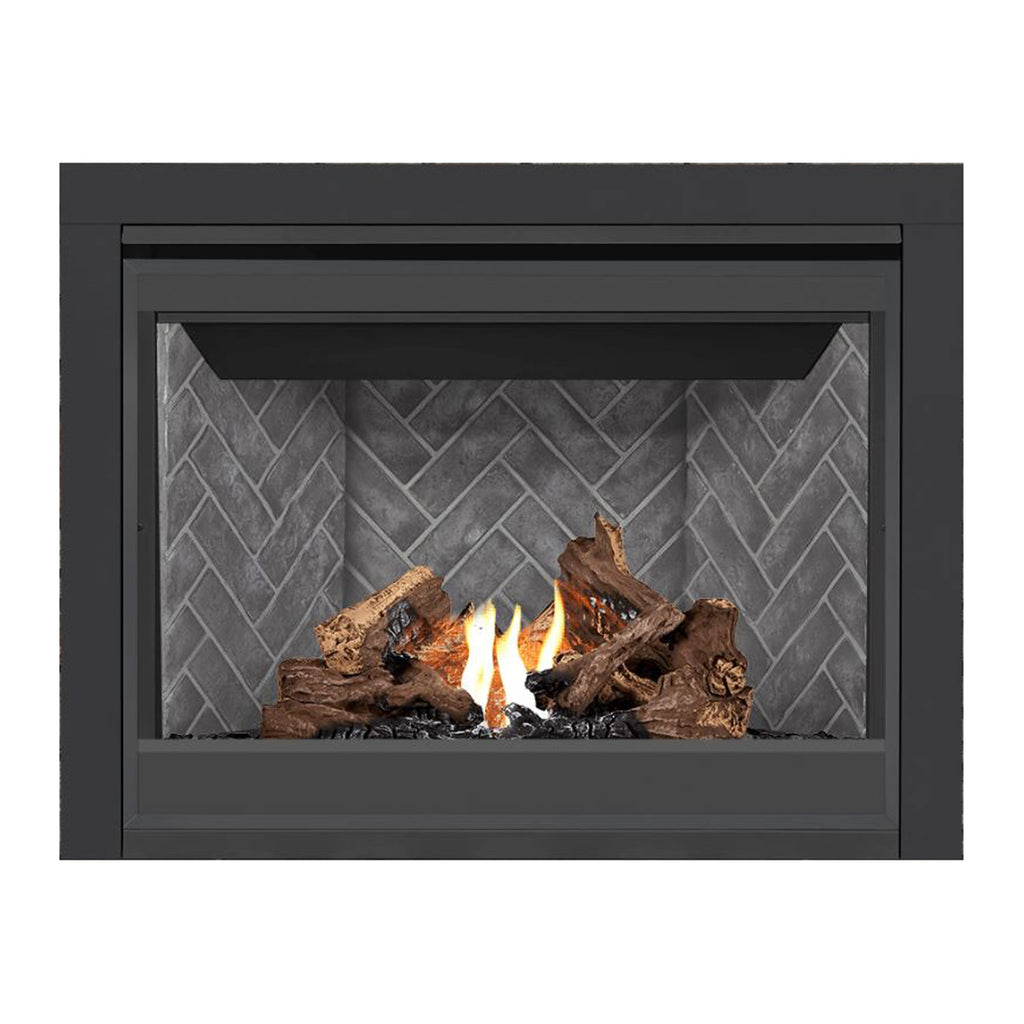 Direct vent gas fireplace with gray stone back panel, dark surround, burning logs and flames