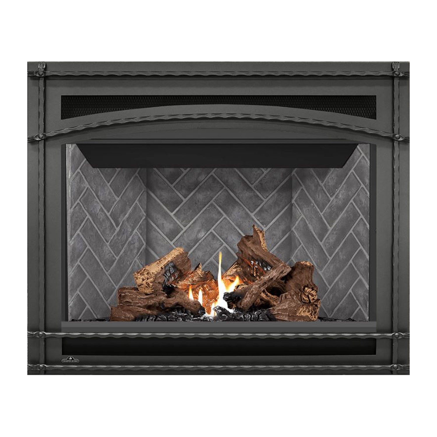 Direct-vent gas fireplace in close view with burning logs behind gray brick-pattern glass.