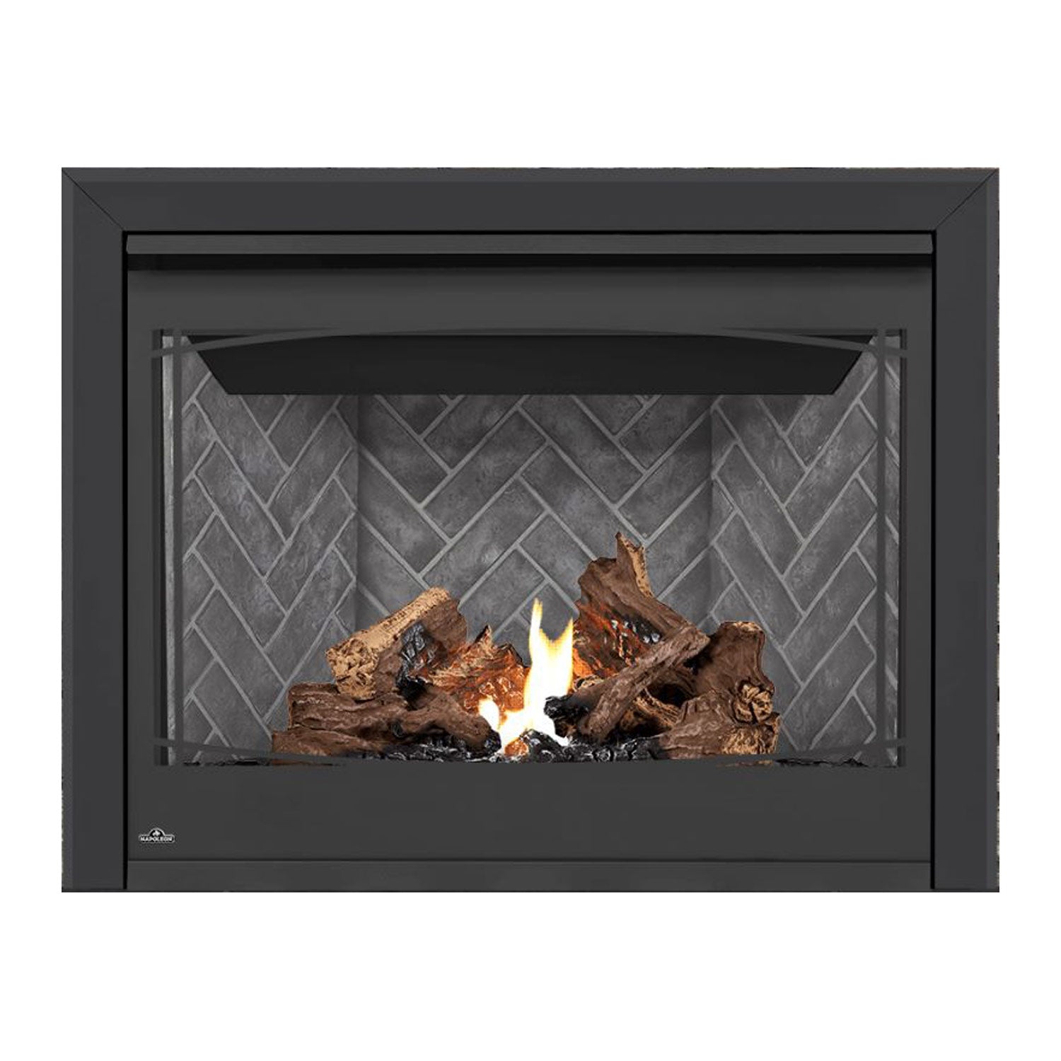 Gas fireplace with black frame, glass front, burning logs, and gray stone back panel