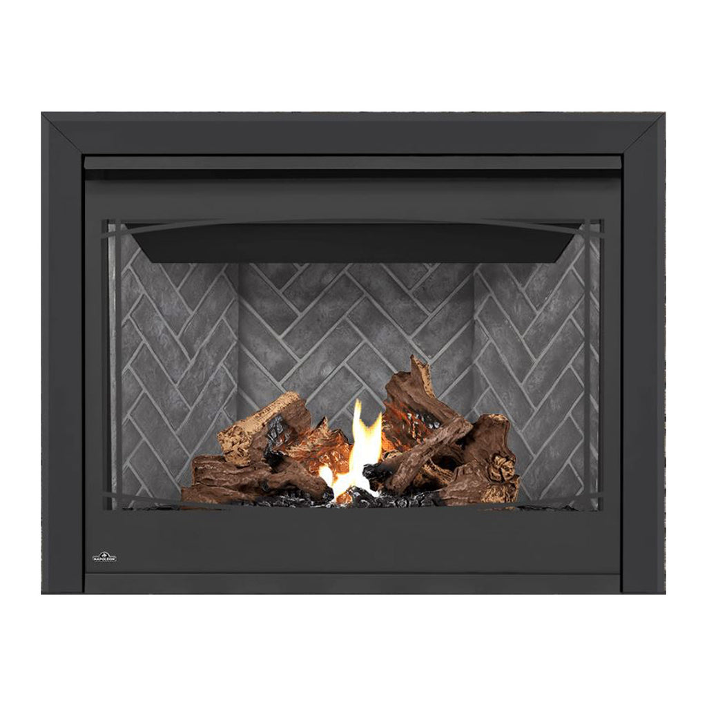 Napoleon direct vent gas fireplace with dark surround, glass front, herringbone back, burning logs