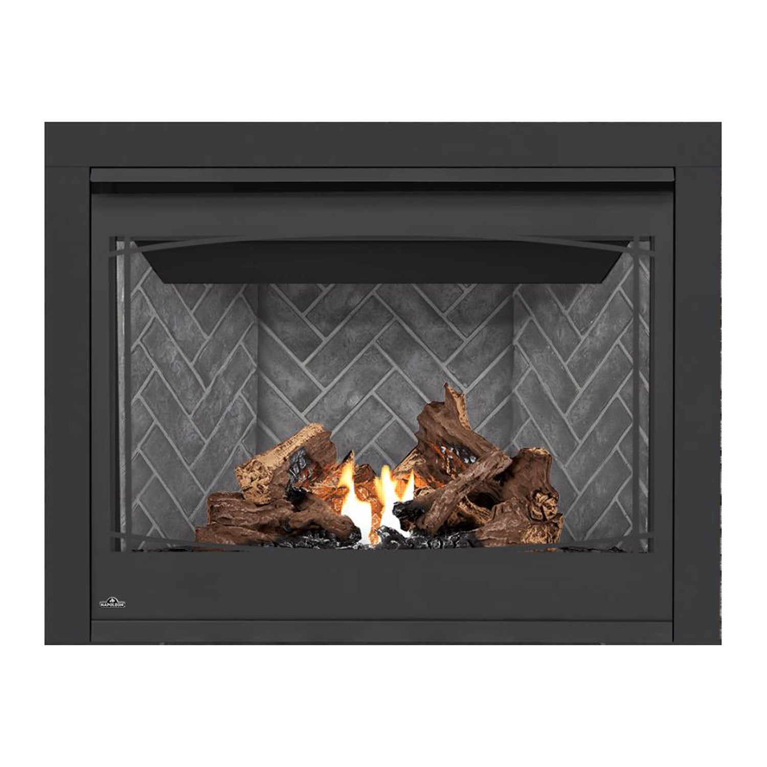 Direct vent gas fireplace with dark frame and burning logs against gray brick back