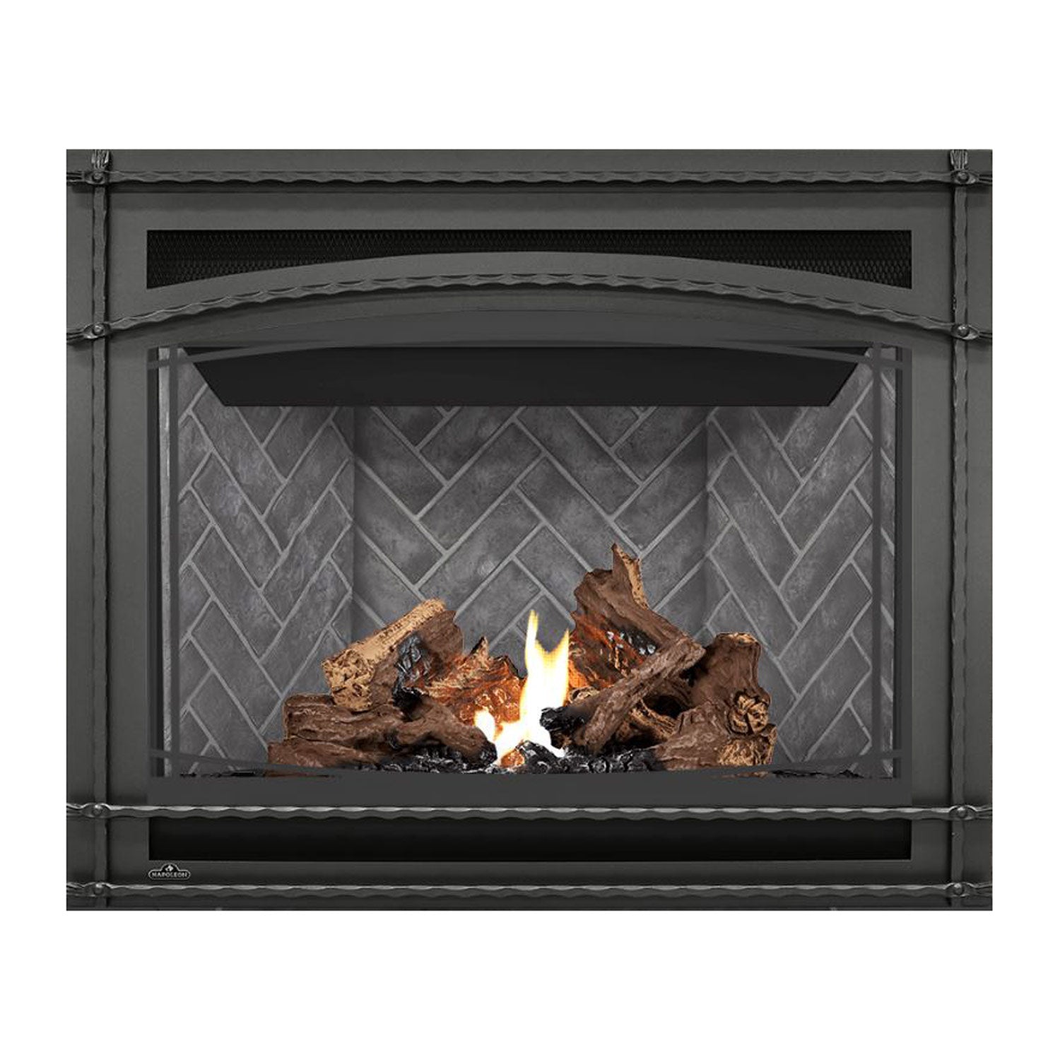 Napoleon direct vent gas fireplace with metal frame, glass viewing area, flames and logs