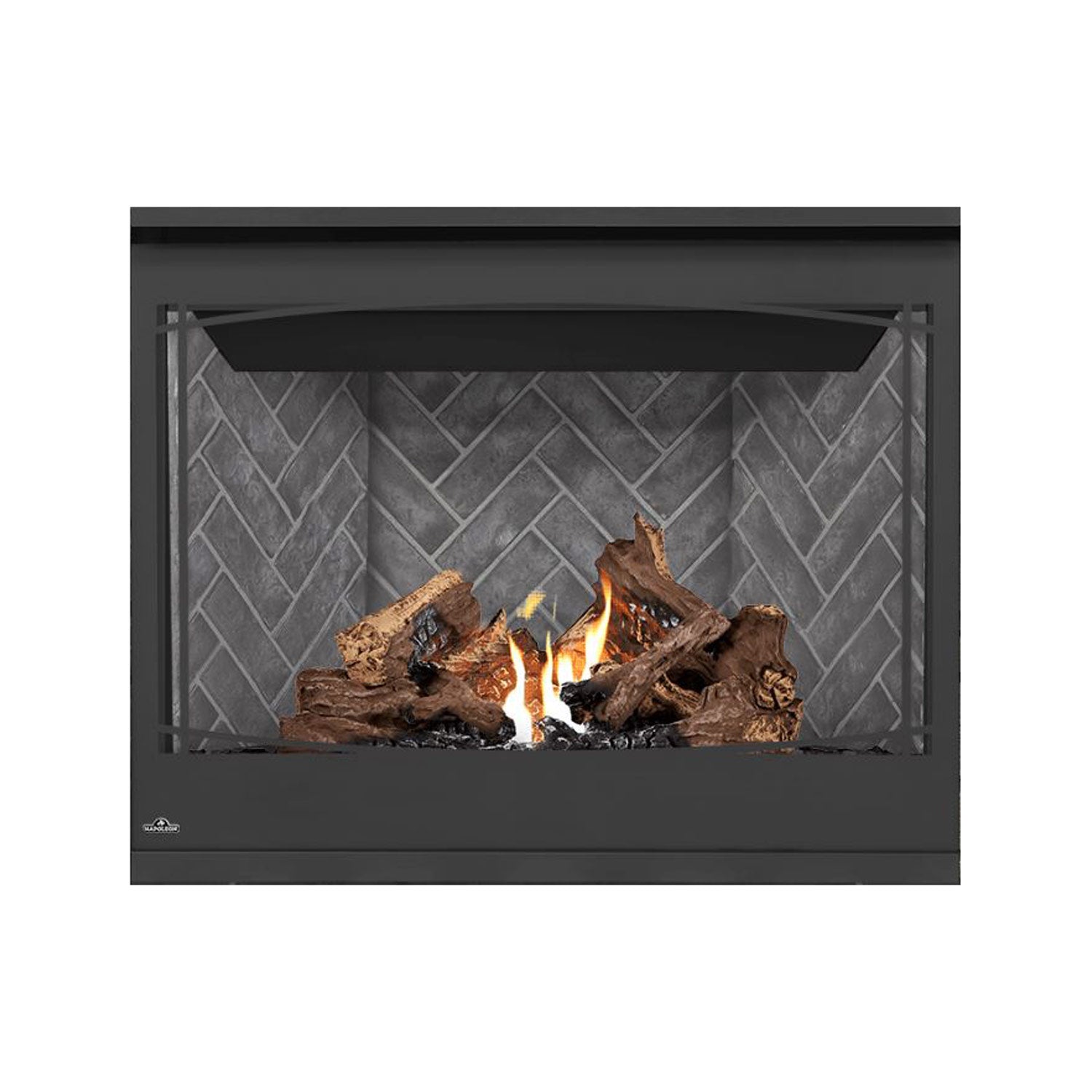 Direct vent gas fireplace with glowing flames and gray brick back panel