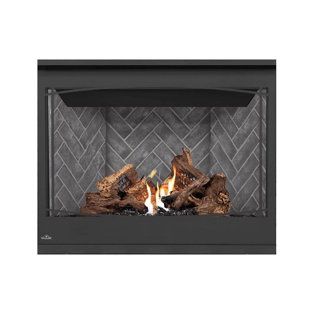 Direct-vent gas fireplace front view with burning logs and flames behind gray brick panel.