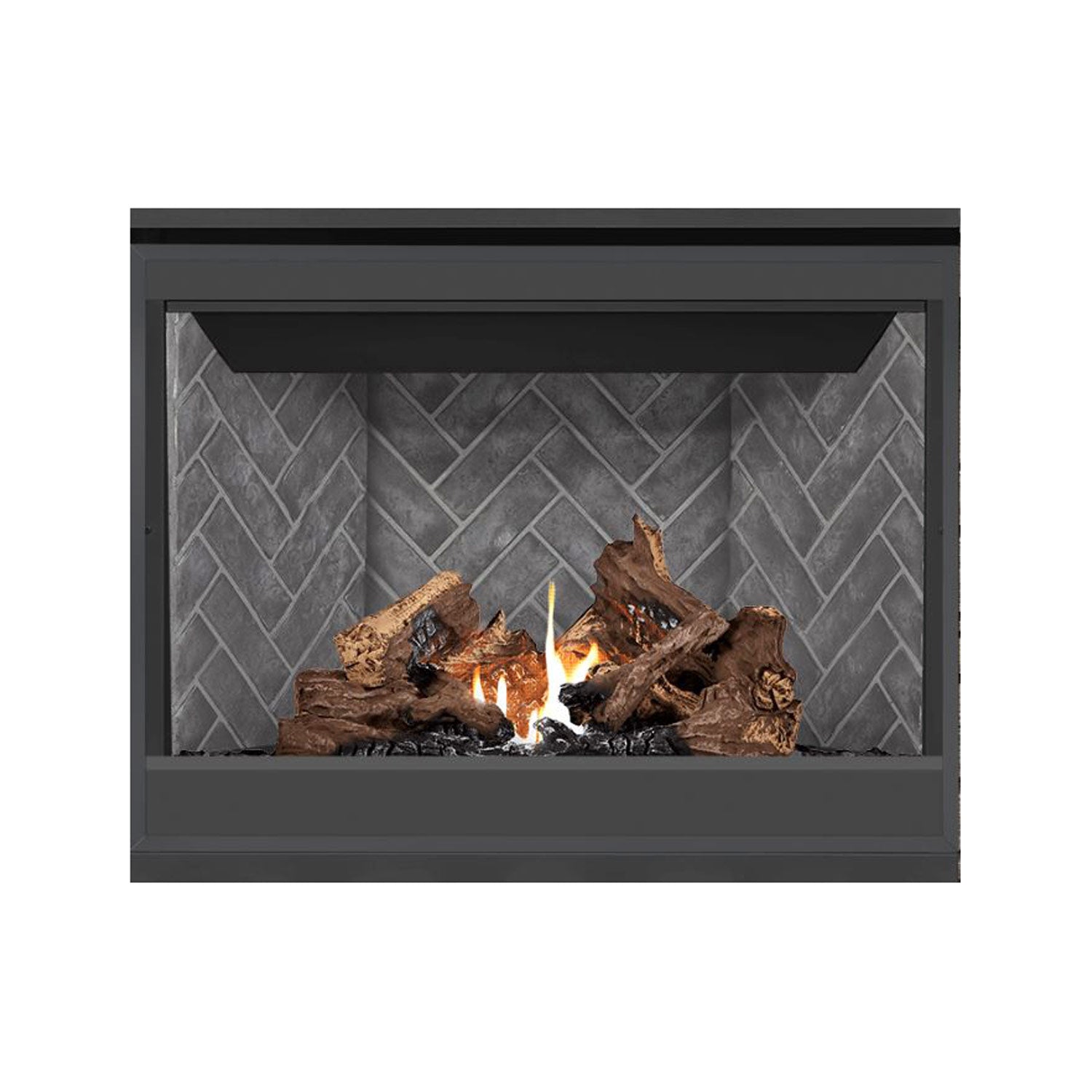 Direct vent gas fireplace with burning logs and flame in gray brick surround