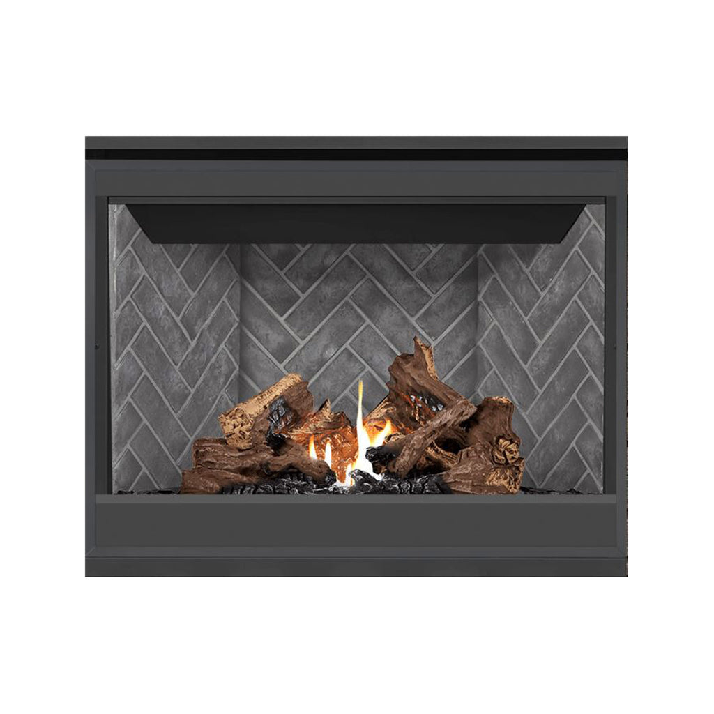 Direct-vent gas fireplace with burning logs and flames behind gray brick-pattern panel.
