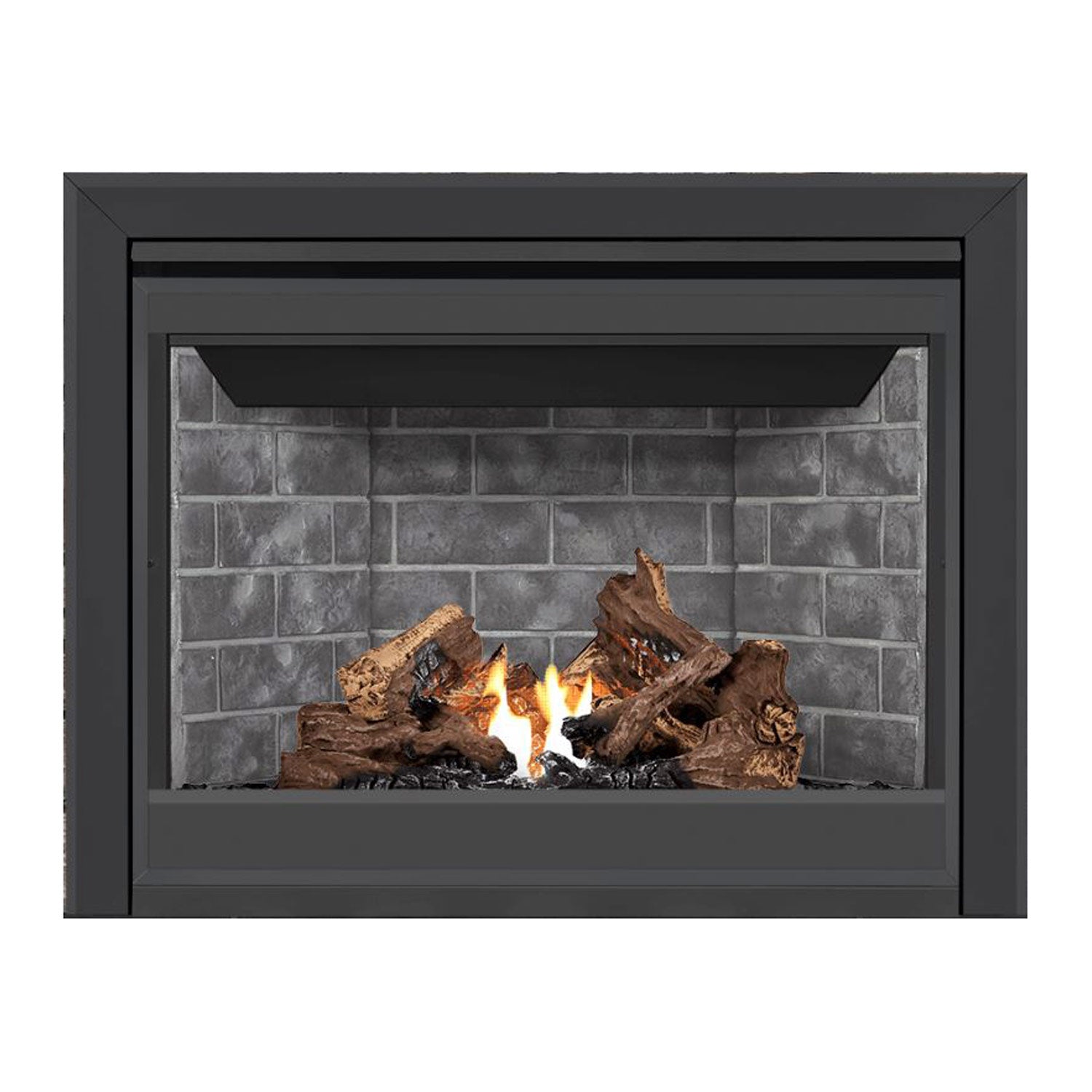 Direct vent gas fireplace with dark face, light gray stone interior, burning logs and flames.