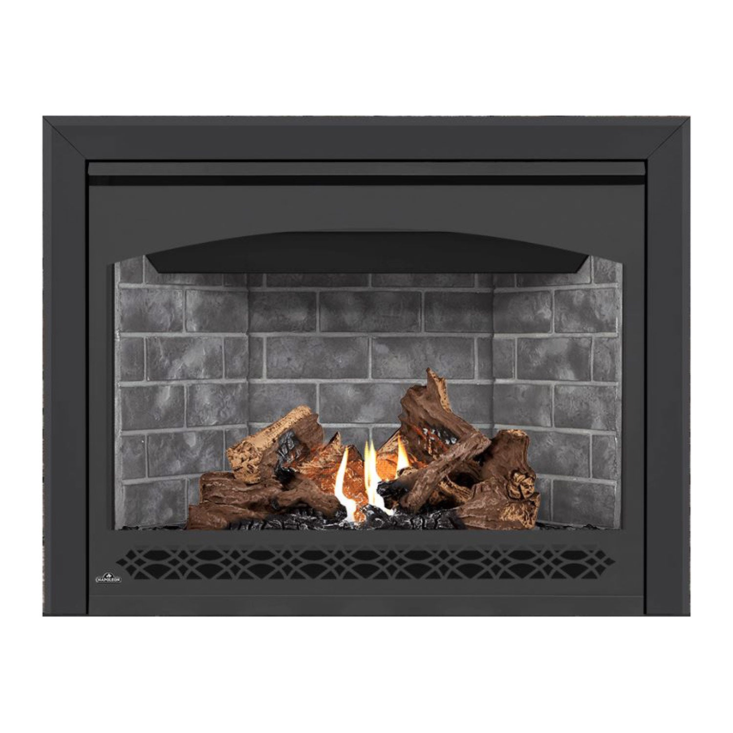 Gas fireplace with black frame, glass front, burning logs, and gray brick back panel