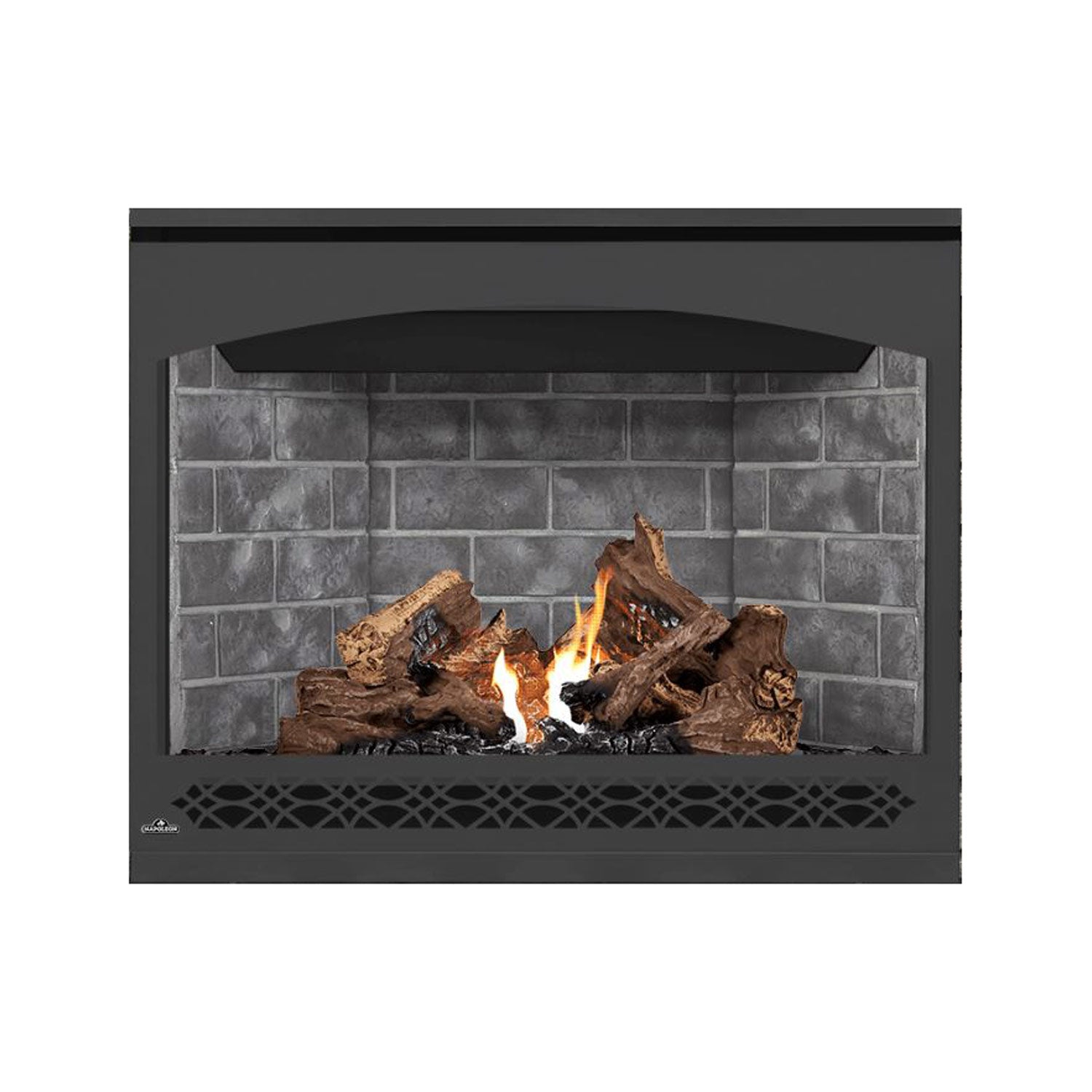 Direct vent gas fireplace with dark face, light gray stone interior and mesh grate, burning logs.