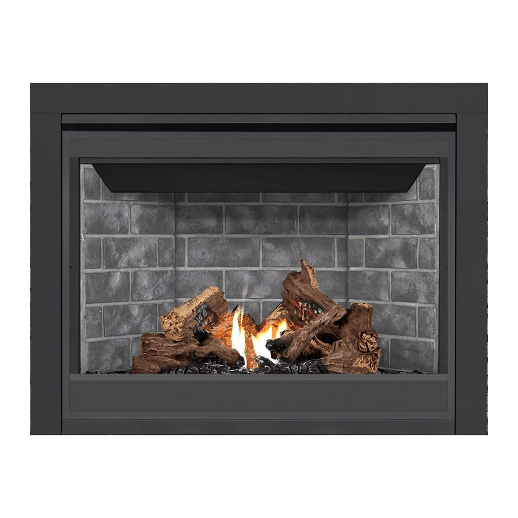 Direct vent gas fireplace with gray brick back panel, dark surround, burning logs and flames