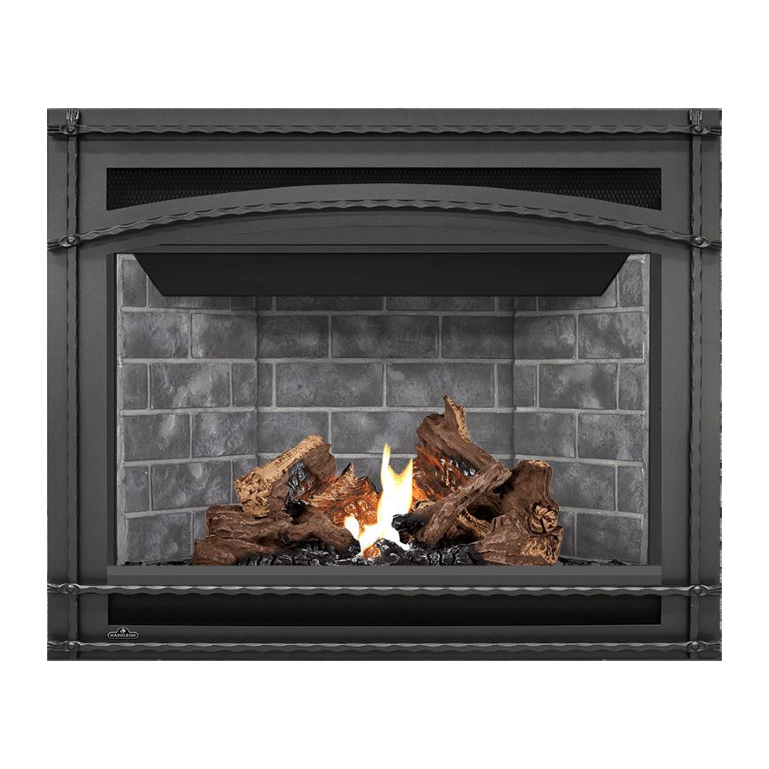 Napoleon direct vent gas fireplace with metal frame, brick back, glass viewing area, logs