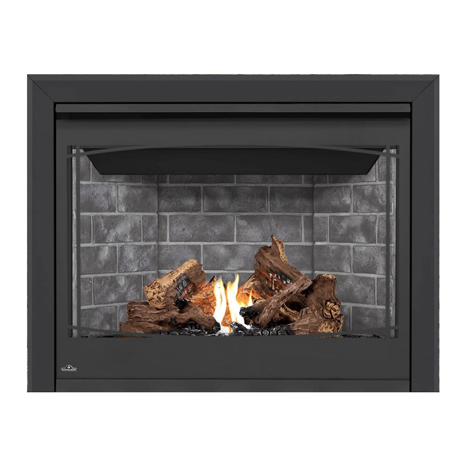 Black direct-vent gas fireplace with glass front, gray brick lining, burning logs