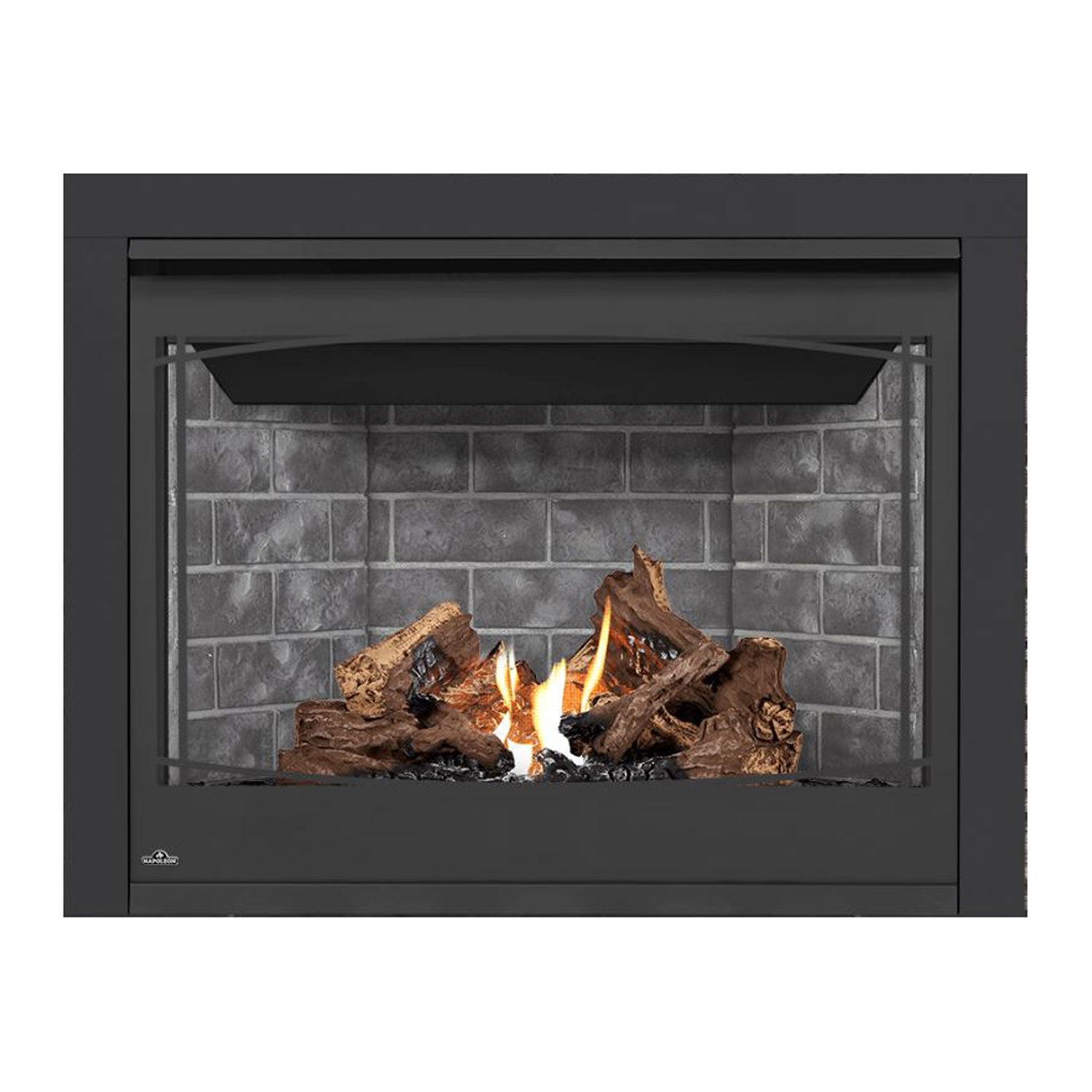Black direct-vent gas fireplace, gray brick firebox, burning logs behind glass