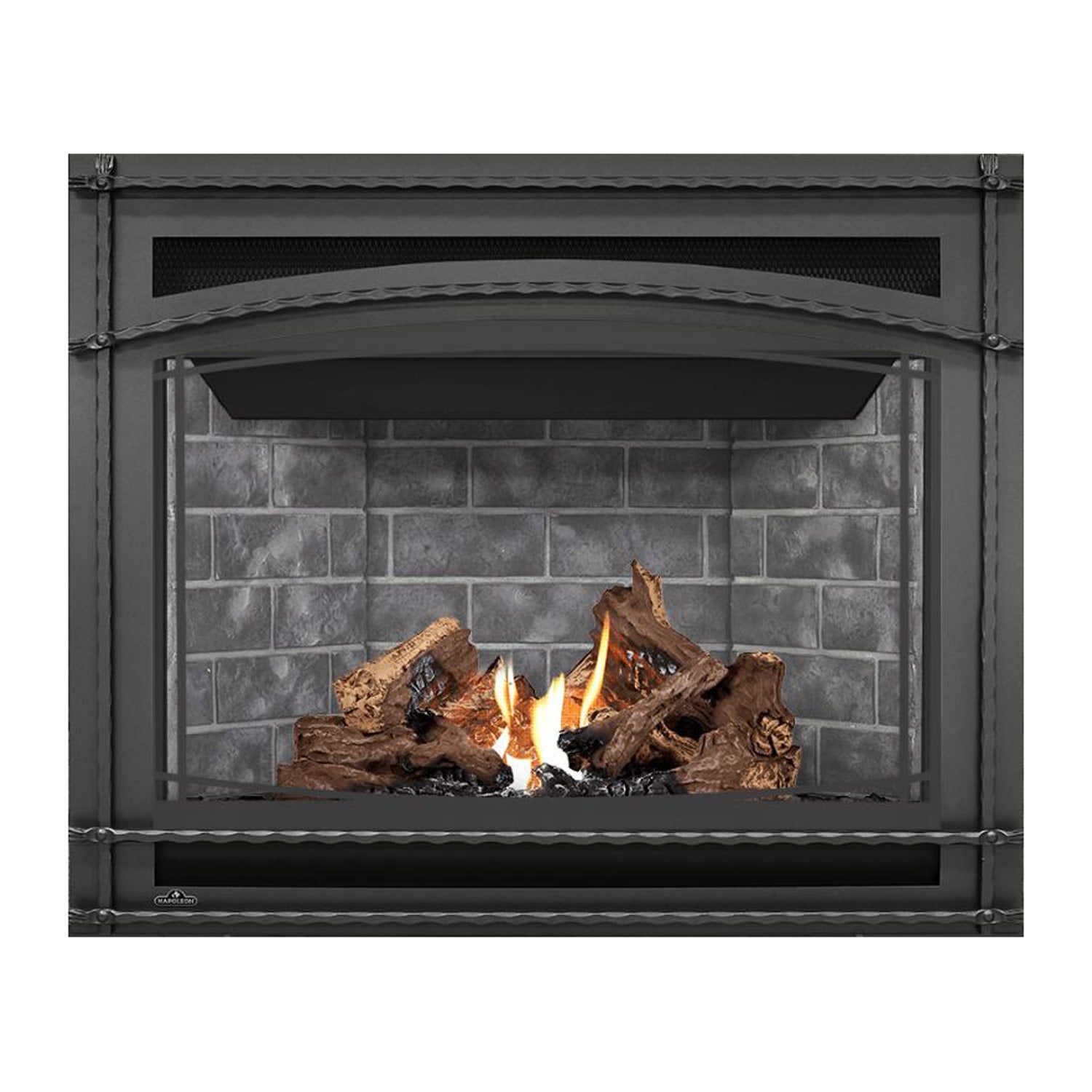 Direct vent gas fireplace with black frame, burning logs and orange flames on gray stone wall