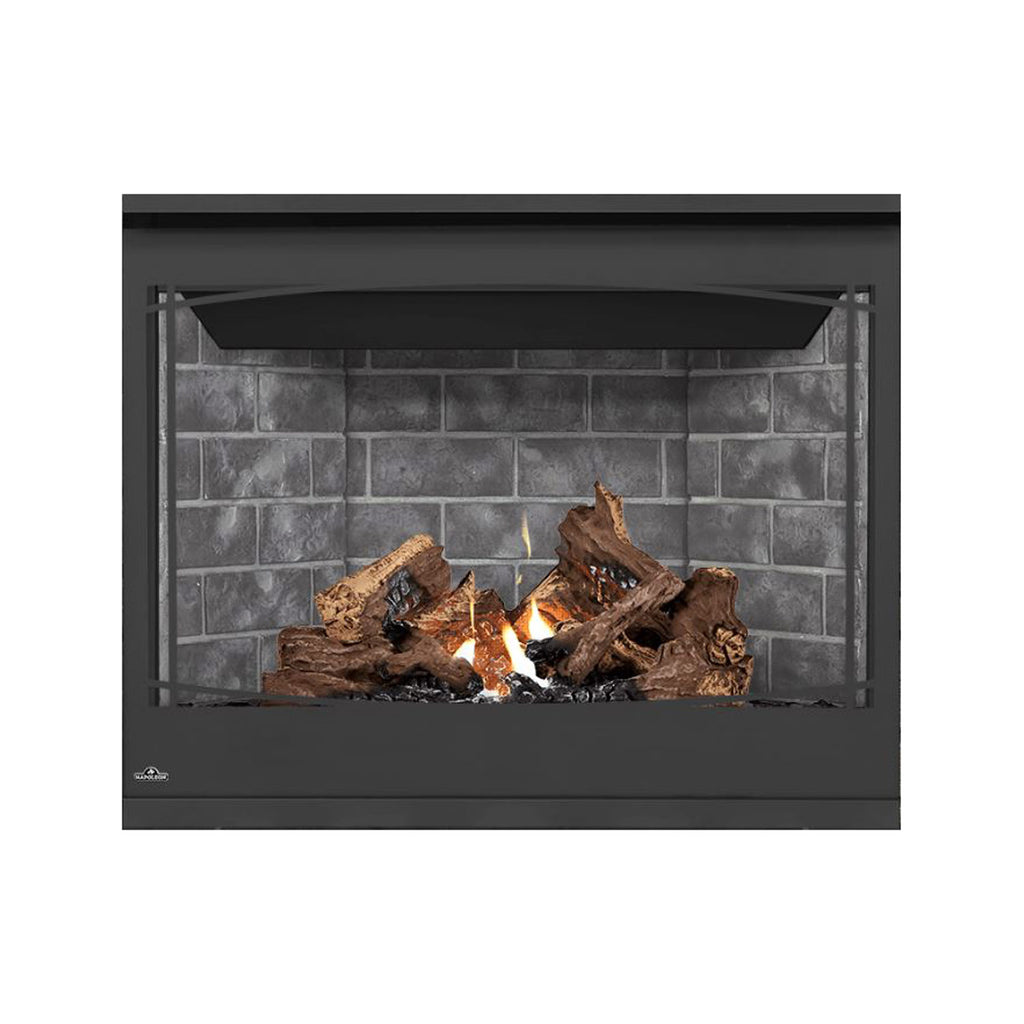 Direct vent gas fireplace with glowing flames and light gray stone back panel