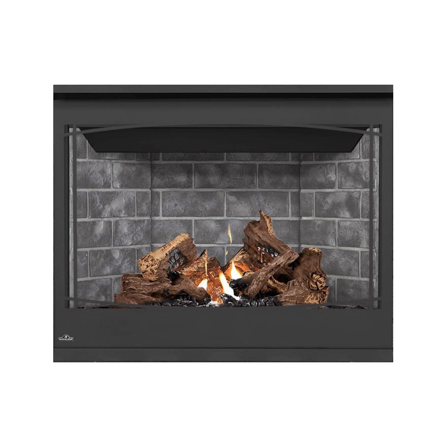 Direct vent gas fireplace with glowing flames and light gray stone back panel