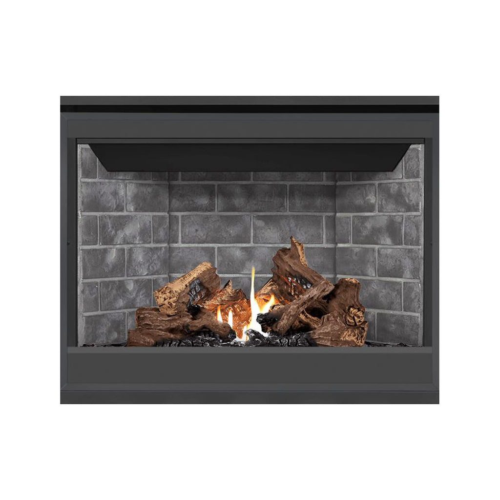Direct vent gas fireplace with burning logs and flame in dark gray brick surround